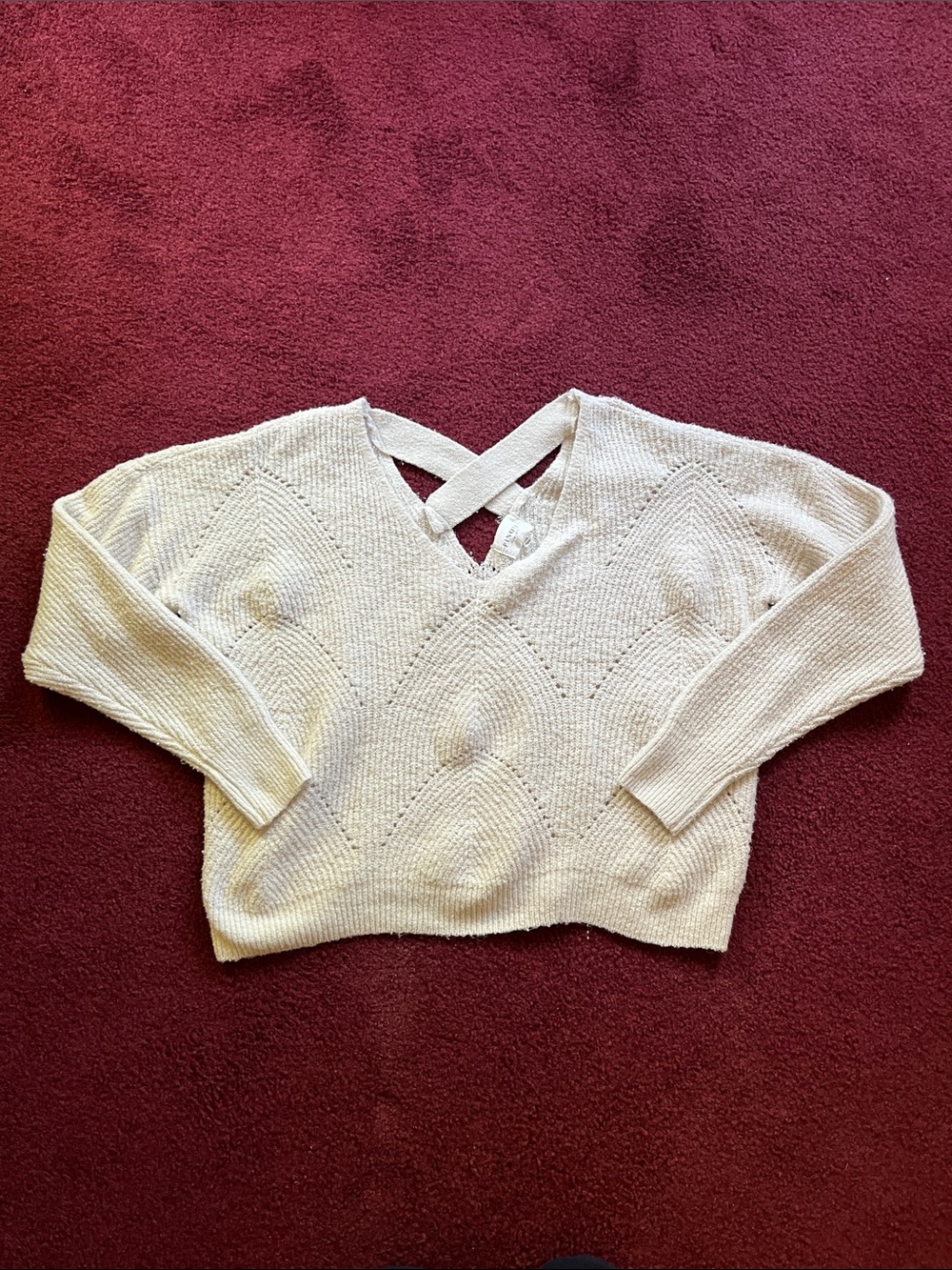 Women's Cream V-Neck Knit Sweater with Back Strap Detail